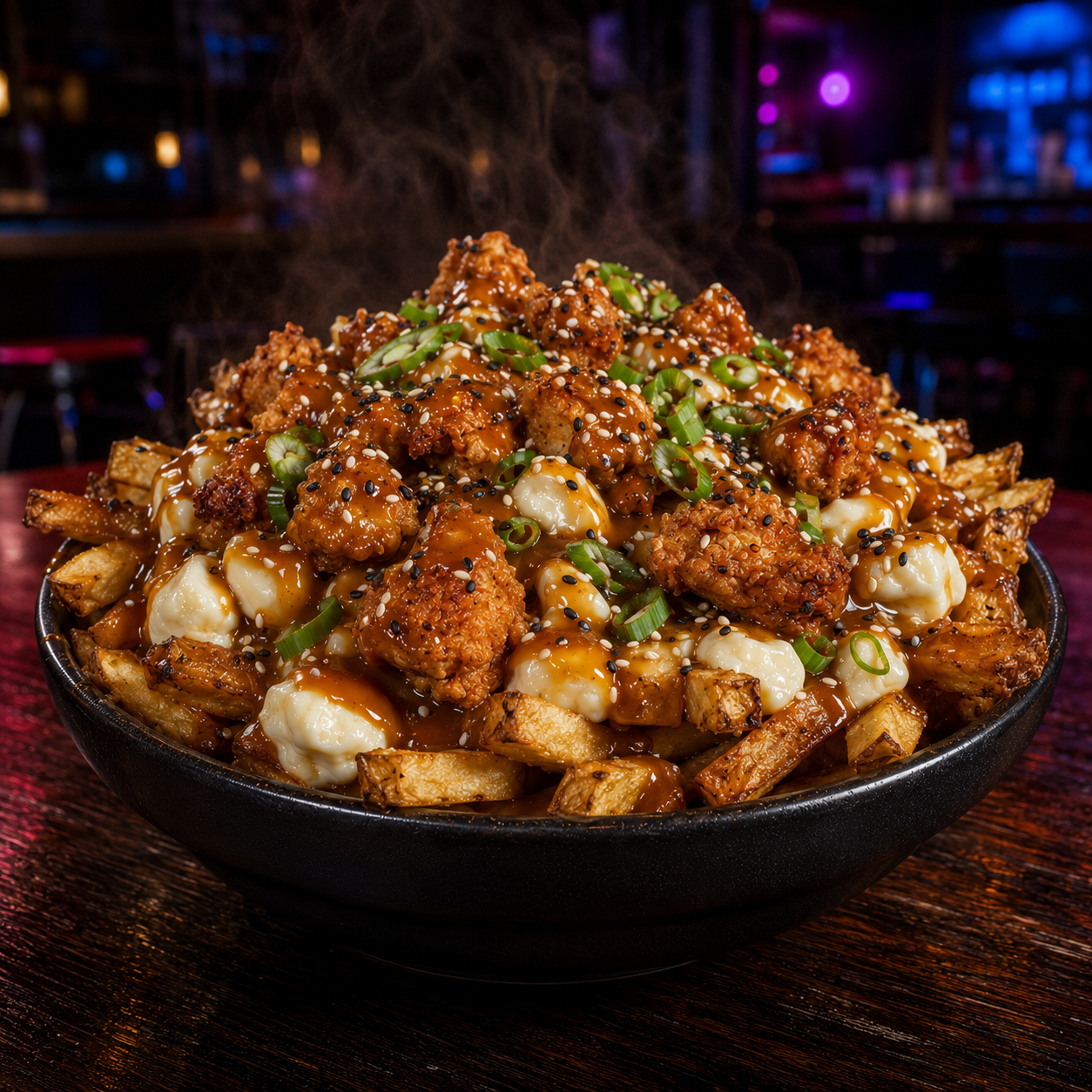 Teriyaki chicken poutine with sesame and scallions